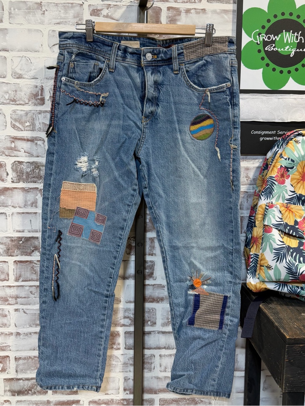 Pilcro Blue Patchwork Boyfriend Jeans with Multicolor Appliqués